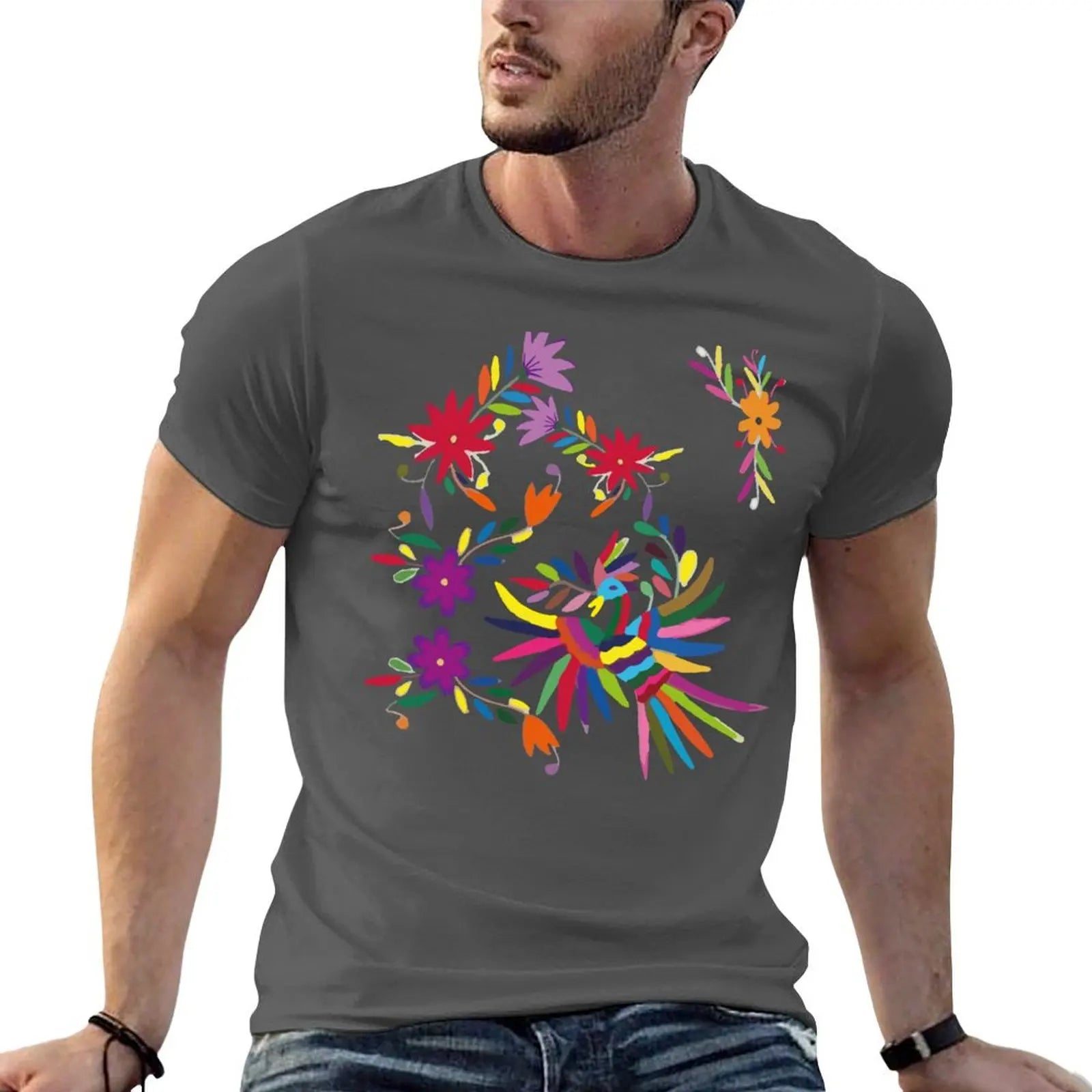 Multicolor T-Shirt hombre camisa flores hecho a mano pájaro bordado t diseñador 100% otomí algodón camiseta tenango y mexicano