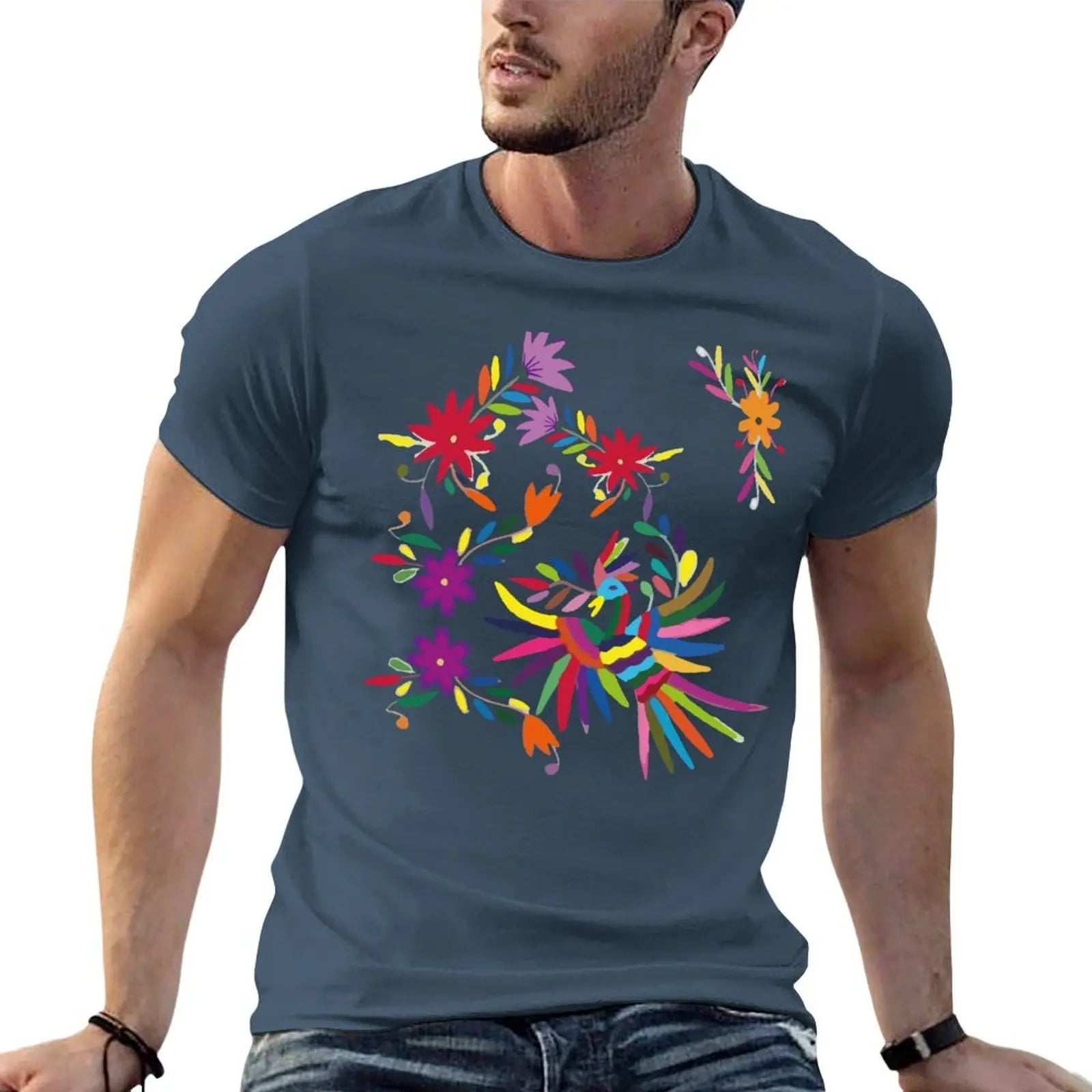 Multicolor T-Shirt hombre camisa flores hecho a mano pájaro bordado t diseñador 100% otomí algodón camiseta tenango y mexicano