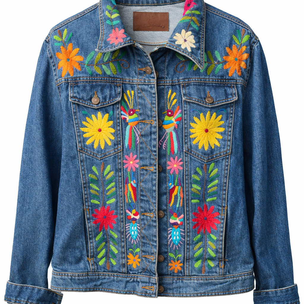 Chaqueta de Mezclilla Bordada Tenango Artesanal Mexicana | Hand Embroidered Denim Jacket Boho Floral Handmade