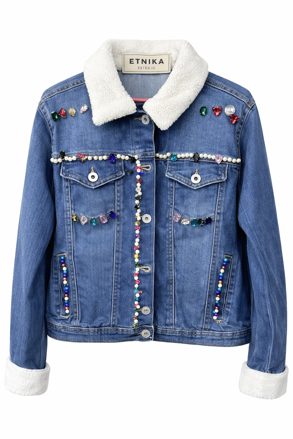 Chamarra de Mezclilla con Pedrería Artesanal y Cuello Borrego | ETNIKA STUDIO™ Denim Jacket Boho Chic