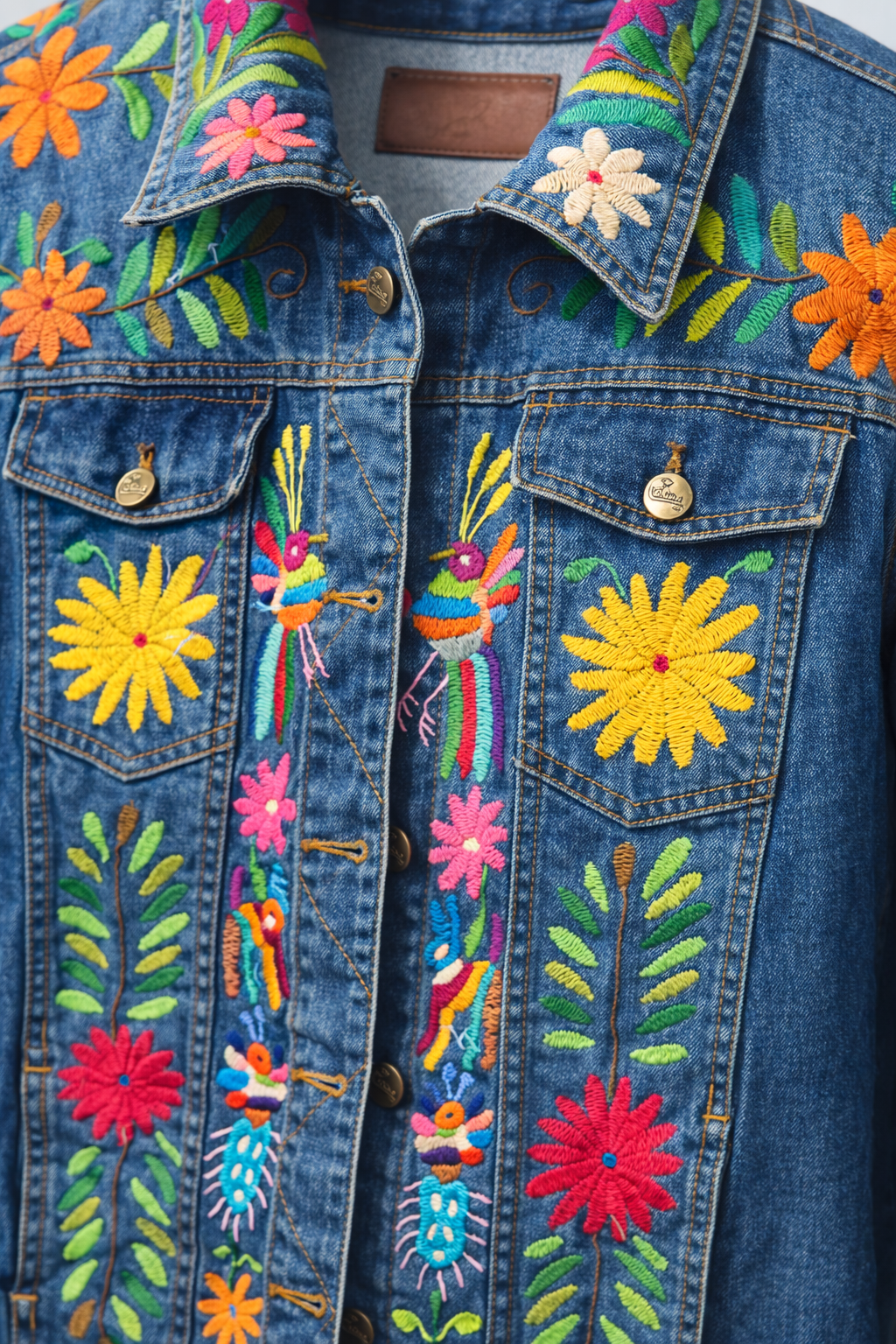 Chaqueta de Mezclilla Bordada Tenango Artesanal Mexicana | Hand Embroidered Denim Jacket Boho Floral Handmade