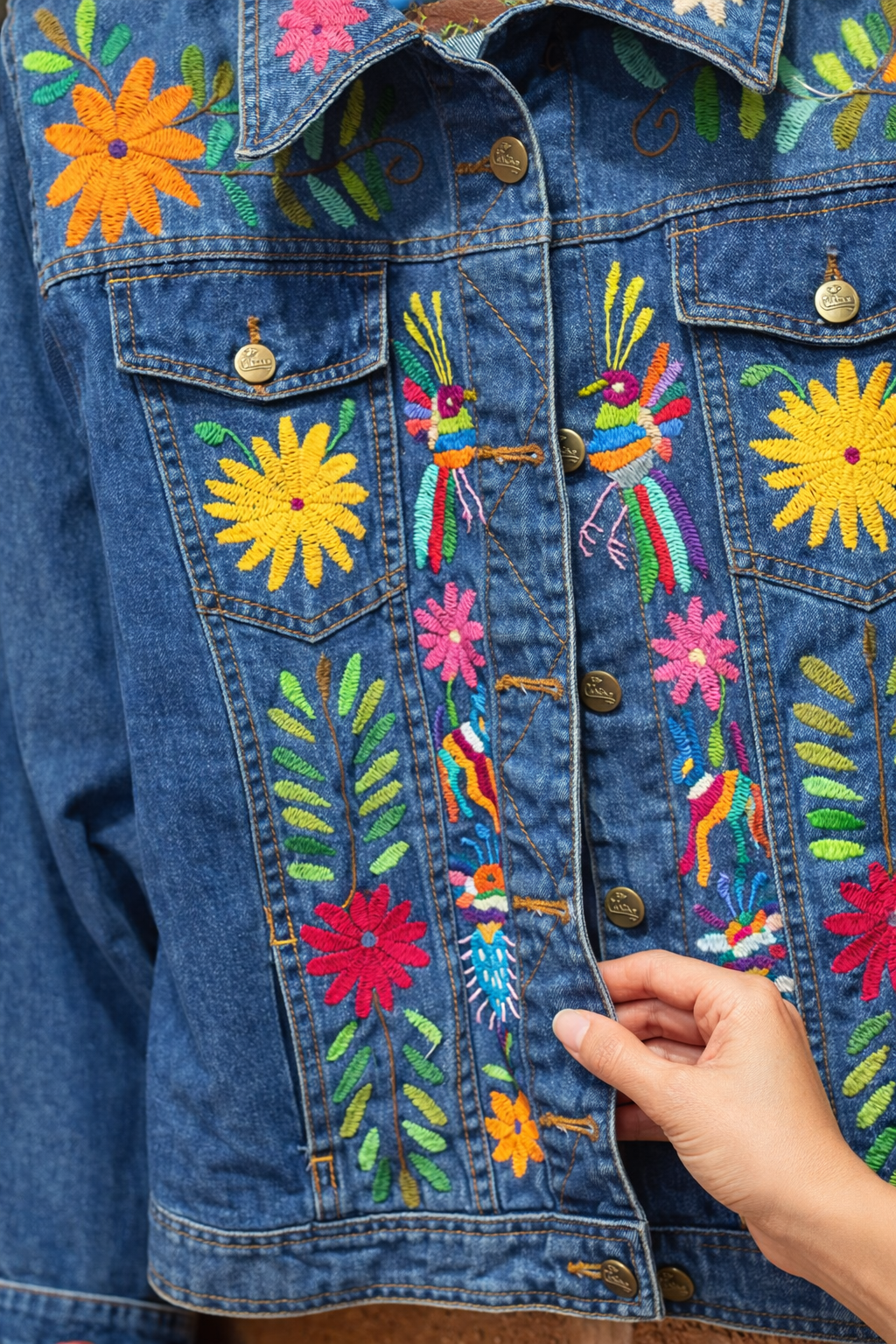 Chaqueta de Mezclilla Bordada Tenango Artesanal Mexicana | Hand Embroidered Denim Jacket Boho Floral Handmade