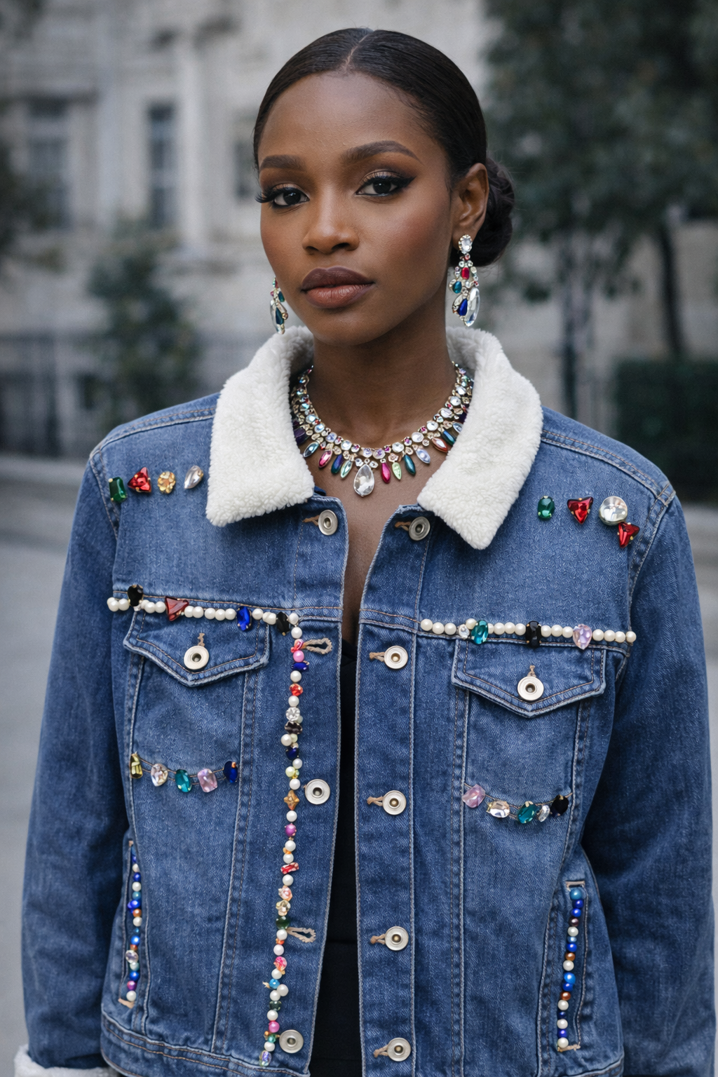 Chamarra de Mezclilla con Pedrería Artesanal y Cuello Borrego | ETNIKA STUDIO™ Denim Jacket Boho Chic