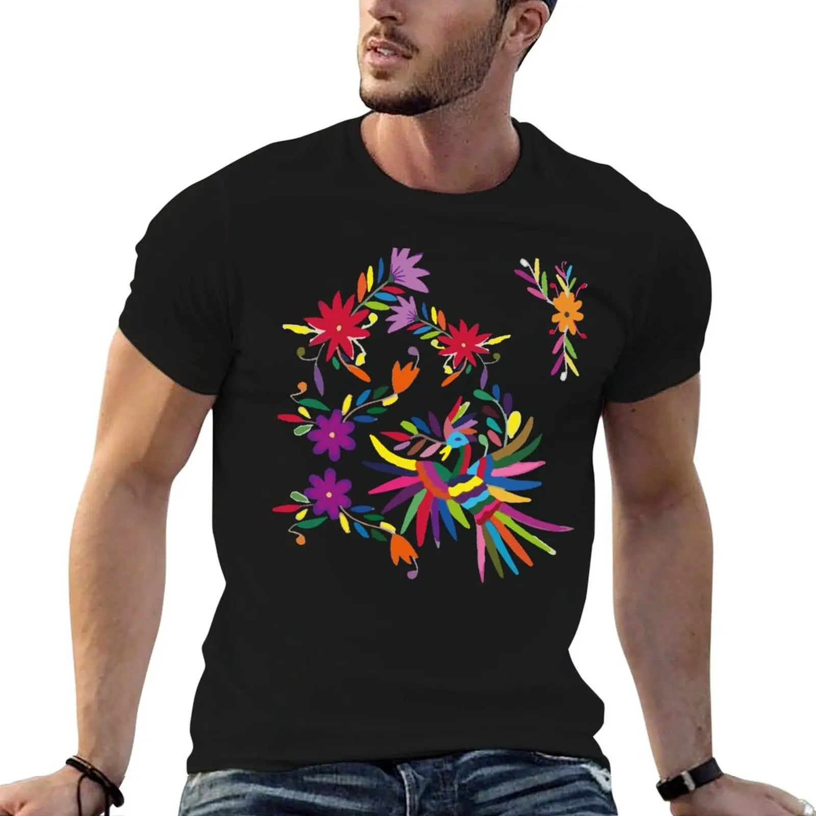 Multicolor T-Shirt hombre camisa flores hecho a mano pájaro bordado t diseñador 100% otomí algodón camiseta tenango y mexicano