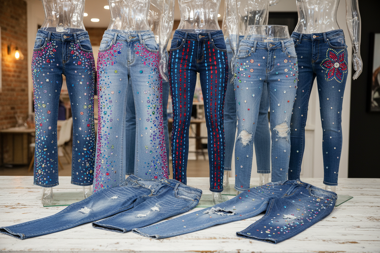 Coloca varios pantalones de mezclilla con pedrería de colores