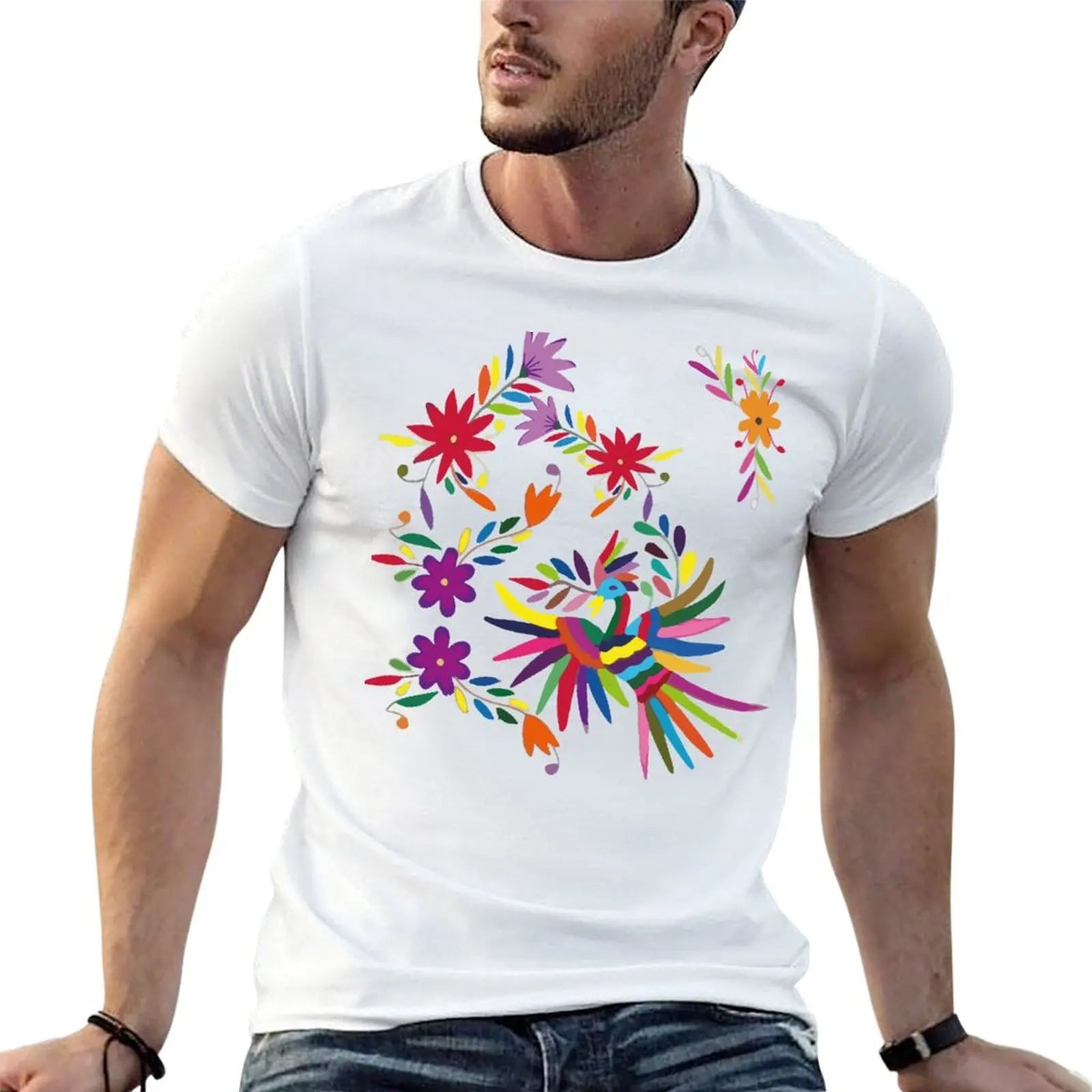 Multicolor T-Shirt hombre camisa flores hecho a mano pájaro bordado t diseñador 100% otomí algodón camiseta tenango y mexicano